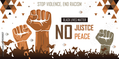 Black lives matter campaign banner with raised fists, support black people to gain equal rights, human unity of different races, Stop racism, interracial community awareness