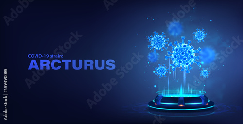 Hologram with 3d coronavirus virus bacteria. arcturus strain xbb.1.16, subspecies strain omicron. Covid-19 Healthcare Sci fi banner, Coronavirus Arcturus bacteria in hologram. Vector Covid-19 banner