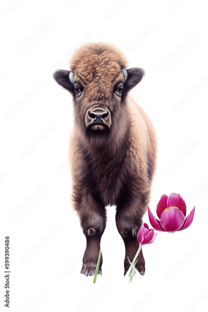 an isolated calf Bison/Buffalo portrait, with magenta tulip, preservation, bison plains wildlife, Wildlife-themed, photorealistic illustration on a transparent background cutout in PNG. Generative AI an isolated calf Bison/Buffalo portrait, with magenta tulip, preservation, bison plains wildlife, Wildlife-themed, photorealistic illustration on a transparent background cutout in PNG. Generative AI