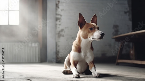 Basenji dog with blank sign in rustic studio with white walls. Generative AI