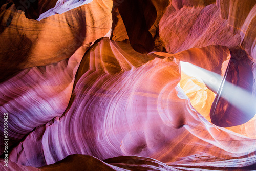 Upper Antelope Canyon in the Navajo Reservation Page. Spectacular and most famous slot canyon in the world. Rock formation. Light showing off the glamorous detail of the ancient spiral rock arches.