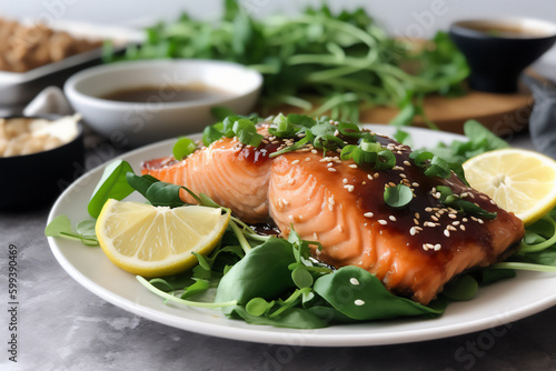 salmon with garlic and sesame, salmon, deep-fried, generated by ai