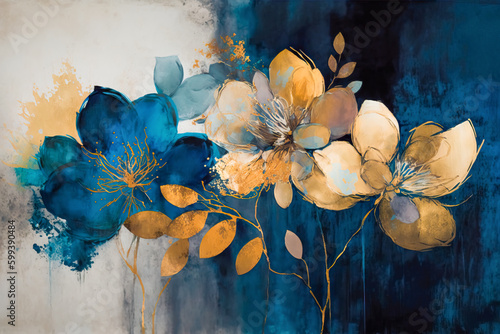 Gold and blue flowers, rough painting, made with Generative AI photo