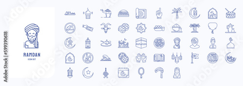 A collection sheet of outline icons for Ramadan, including icons like Iftar, Masque, Pray and more