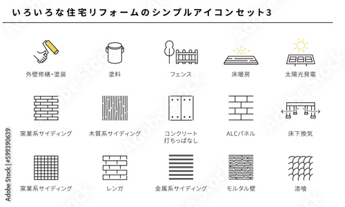いろいろな住宅リフォームのシンプルアイコンセット3、ベクター