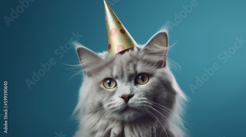 Cat with birthday hat, kitty birthday, isolated on blue background Generative AI © Jawed Gfx