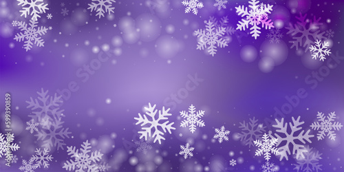 Fototapeta Naklejka Na Ścianę i Meble -  Fairy flying snow flakes background. Winter fleck ice elements. Snowfall weather white purple design. Filigree snowflakes january theme. Snow cold season scenery.