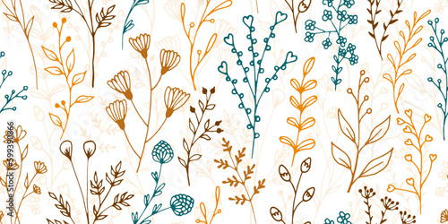 Field flower twigs botanical vector seamless pattern. Ditsy herbal graphic de...