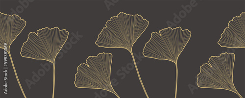 Golden leaves gingko biloba seamless vector border. Minimal thin line style floral drawing on black background. 