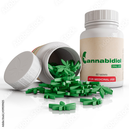 Cannabidiol tablets. 3D illustration of cannabidiol pill bottles with cannabis leaf shaped tablets falling out of an open bottle.
