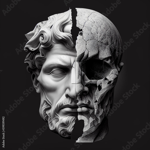 Posąg i czaszka. Wygenerowane przez AI