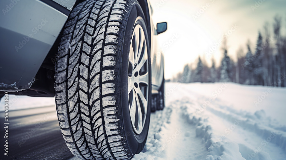 Car tires on winter road. Generative Ai