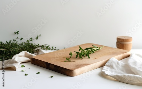 Wood cutting board with linen napkin and plant on marble table with copy space, top view. created with Generative AI technology