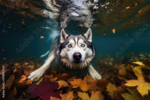 Playful Husky Underwater Generative AI
