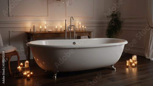 a white bathtub in a living room with candle. Generative Ai