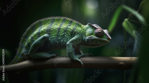 Green chameleon on bamboo Generative AI