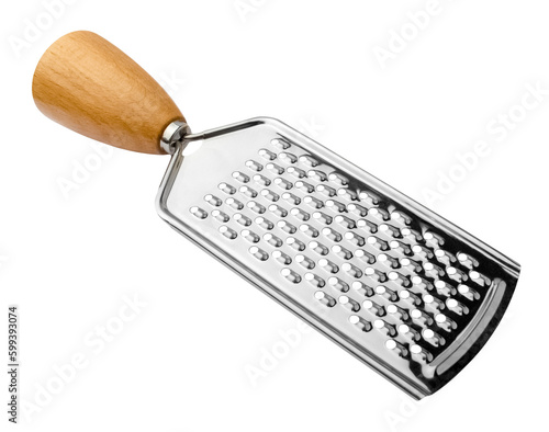 Metal grater with a wooden handle on a transparent background. isolated object. Element for design