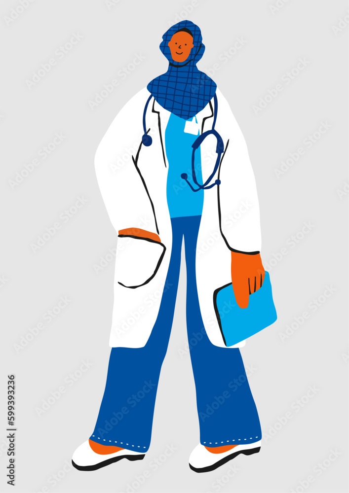 Friendly female doctor wearing a lab coat and hijab. Stylized vector character. Friendly female doctor wearing a lab coat and hijab. Stylized vector character.