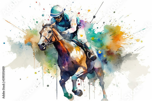 Colorful Abstract racing horse with jockey. Equestrian sport. Illustration of paints. Generative AI. photo