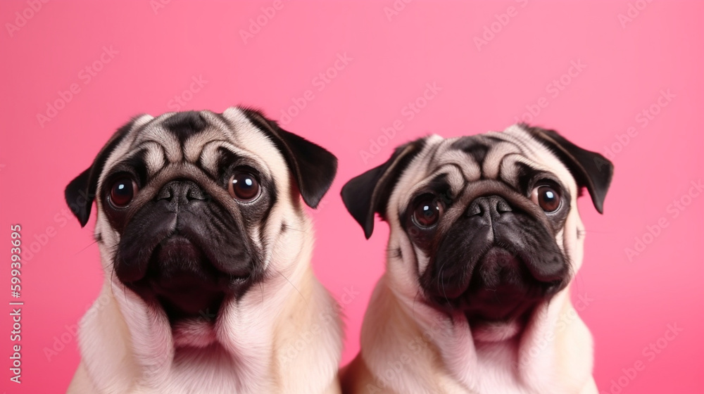two dogs in a row pink background Generative AI