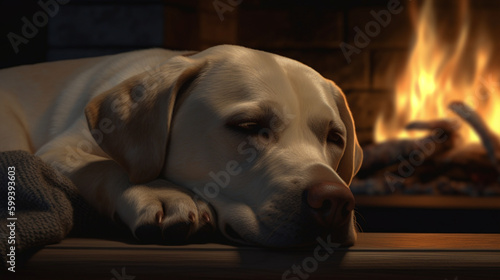 Serene pup dozing off by cozy fire Generative AI