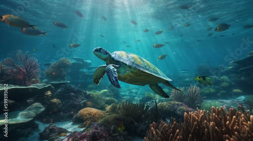 Stunning underwater scenery of colorful fish and turtles Generative AI