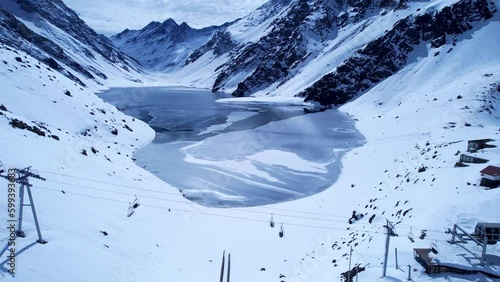 Chair Lift At Andes Mountains Santiago Chile. Ski Station Skiing Holiday. Andes Aerial Landscape Mountain Valley Andes Mountains. Mountain Valley Outdoors Mountain Valley Farellones Snowstorm. photo