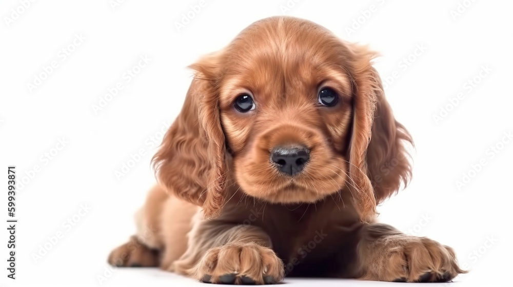 Young and lively Cocker Spaniel pup playing on white background. Generative AI