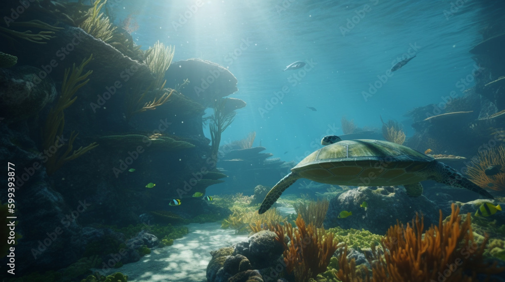 Fototapeta premium A beautiful underwater world full of vibrant fish and turtles Generative AI