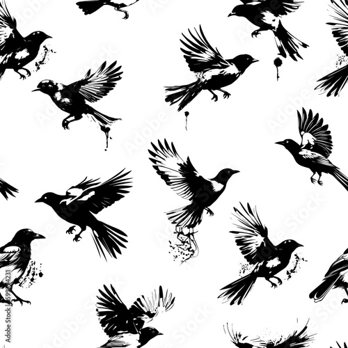 Black and white seamless pattern with flying birds. flying magpies. Vector illustration