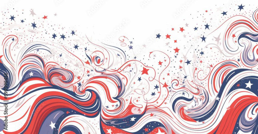 Happy independence day. American Independence Day 4th of July. Happy independence day. Red, blue white star and confetti  on white background. Flat lay, top view, copy space. Generative AI
