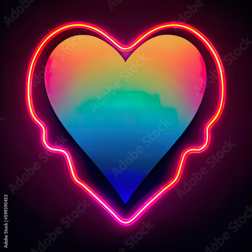Bright colorful heart in a glowing neon frame. Neon love. A colorful heart in radiant lights. AI-generated