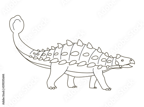 Ankylosaurus with a dangerous tail. Herbivorous dinosaur of the Jurassic period. Vector cartoon illustration. Black and white line. Coloring page for kids