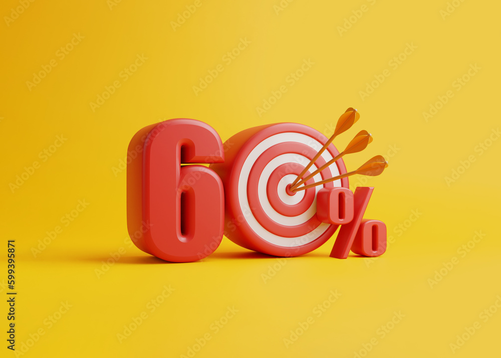 Red target with arrow form the number 60 percent on a yellow background. 3d render illustration