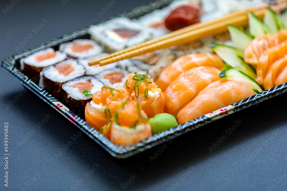Traditional salmon sushi, typical Japanese food. Traditional salmon sushi, typical Japanese food.