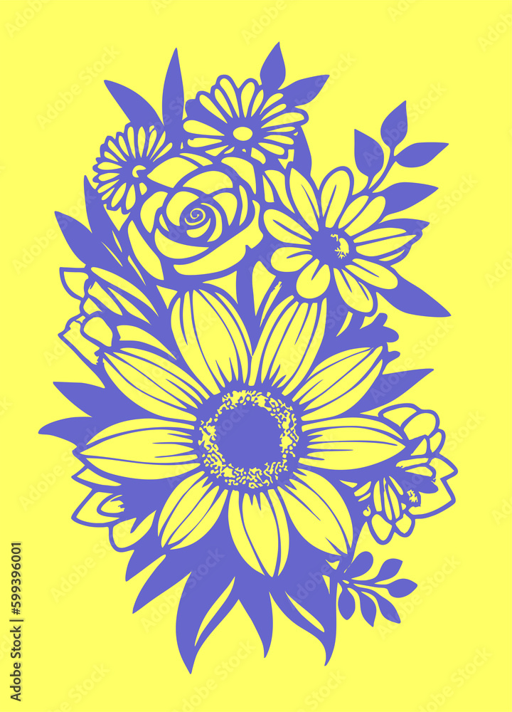 blue graphic drawing of a bouquet of flowers on a yellow background, Ukrainian theme, graphics