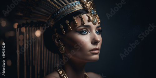 Cleopatra Gesicht ägyptische Königin mit Kopfschmuck Nahaufnahme, ai generativ