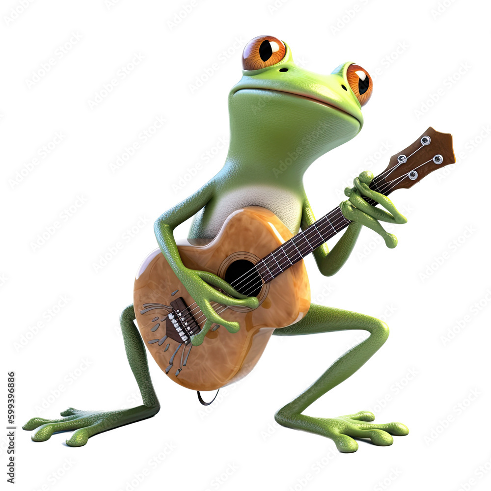 Obraz premium an isolated Frog, playing guitar whimsical feel, music festival orientated in Music-themed, photorealistic illustrations on a transparent background cutout in PNG. generative AI