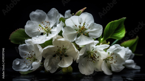 Blooming in the Dark: Apple Blossoms against a Black Background. Generative AI
