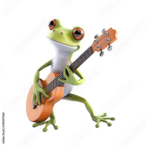  an isolated Frog, playing guitar whimsical feel, music festival orientated in Music-themed, photorealistic illustrations on a transparent background cutout in PNG. generative AI