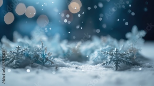 Winter background with snowflakes and bokeh lights. Christmas background. Copy space for text. Copy space. Space for text.  Generative Ai, Generative, AI © Dave