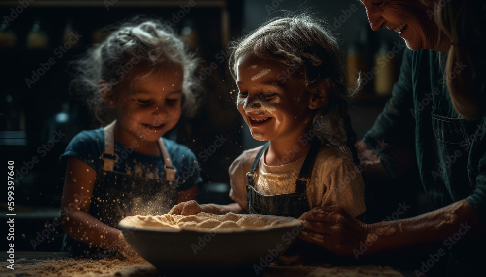 Girls smiling, baking dough, family togetherness, cheerful fun generated by AI
