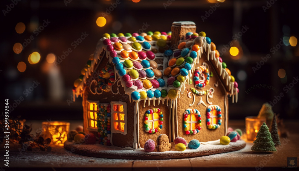Naklejka premium Homemade gingerbread house decorated with sweet icing generated by AI