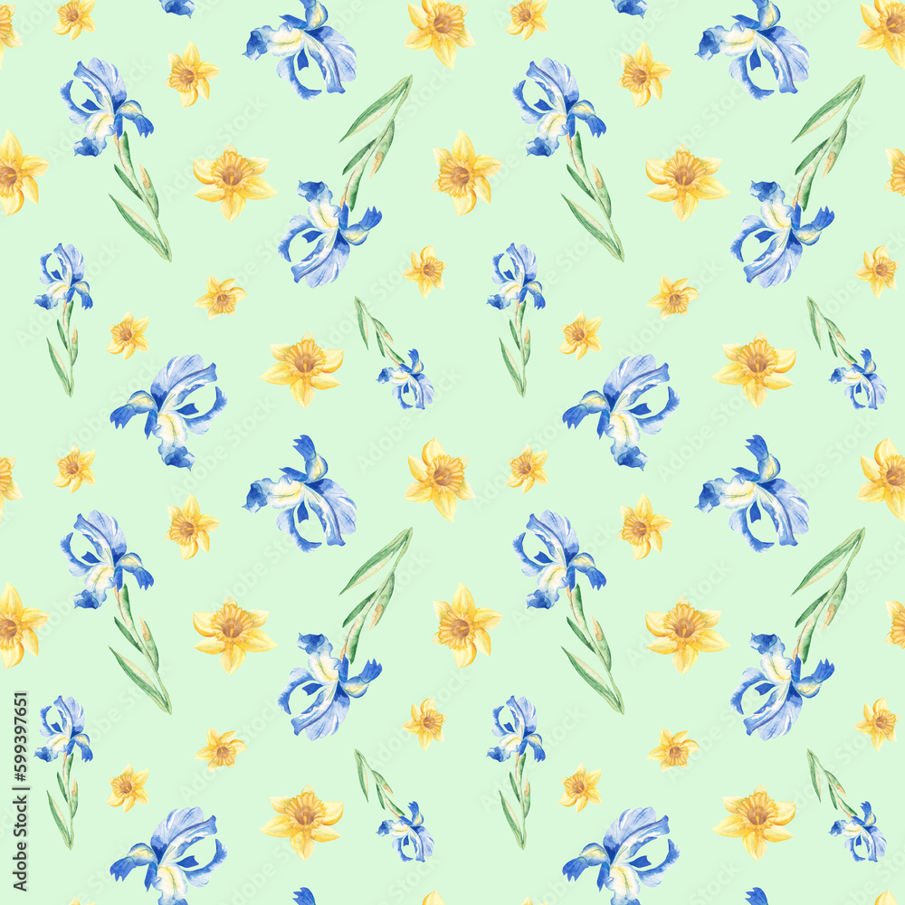 Seamless watercolor pattern with narcissus and iris on green background. Can be used for fabric prints, gift wrapping paper, kitchen textile.