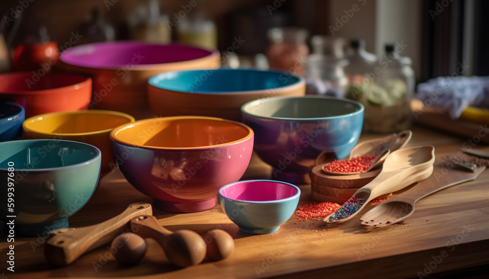 Multi colored pottery bowl with wooden spoon generated by AI Multi colored pottery bowl with wooden spoon generated by AI