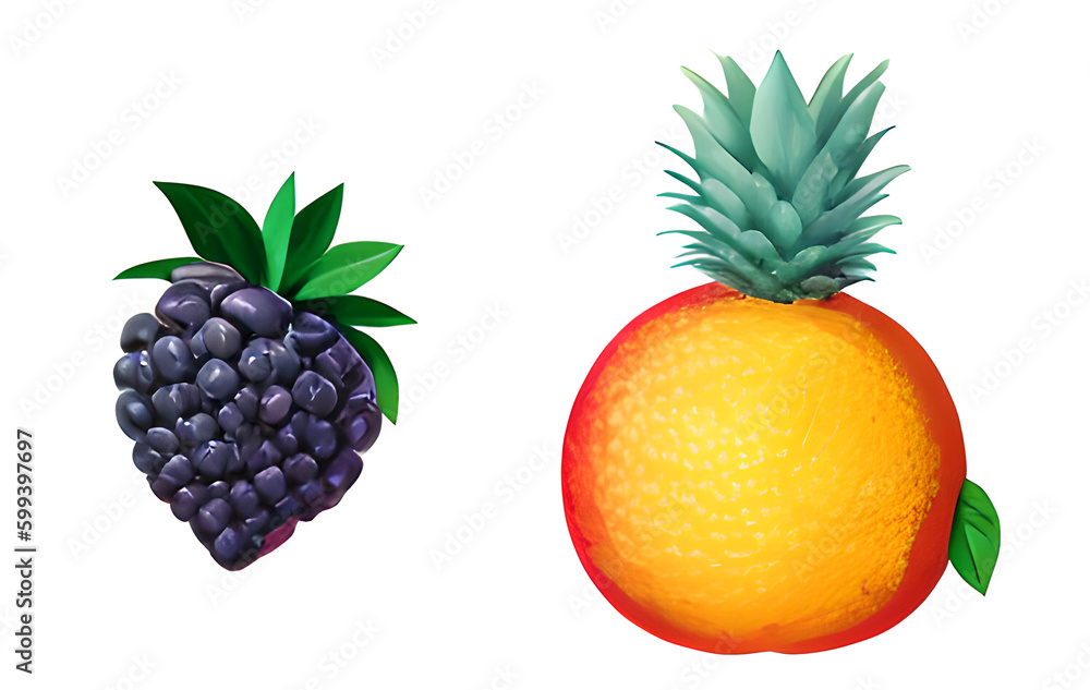 The idea of pineapple and grapefruit hybrids, raspberries and blue grapes.
Exotic fruits on a white background. Generative AI. The idea of pineapple and grapefruit hybrids, raspberries and blue grapes.
Exotic fruits on a white background. Generative AI.