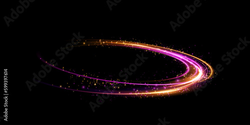 Abstract light lines of movement and speed in gold and pink. Light everyday glowing effect. semicircular wave, light trail curve swirl, optical fiber incandescent png.
