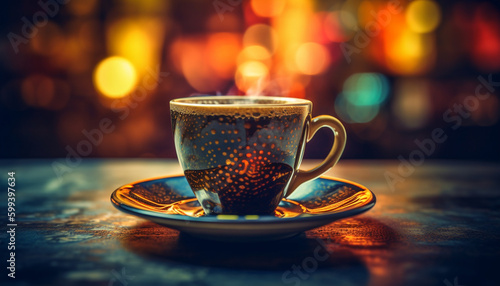 Rustic wood coffee cup holds frothy cappuccino generated by AI