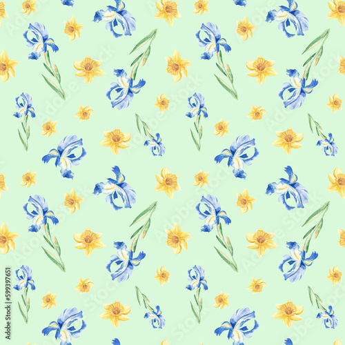 Seamless watercolor pattern with narcissus and iris on green background. Can be used for fabric prints, gift wrapping paper, kitchen textile. © Tatiana