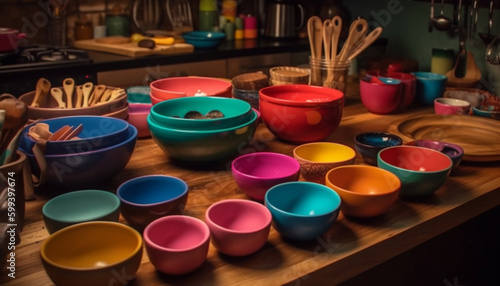 Vibrant pottery collection in a colorful stack generated by AI © djvstock